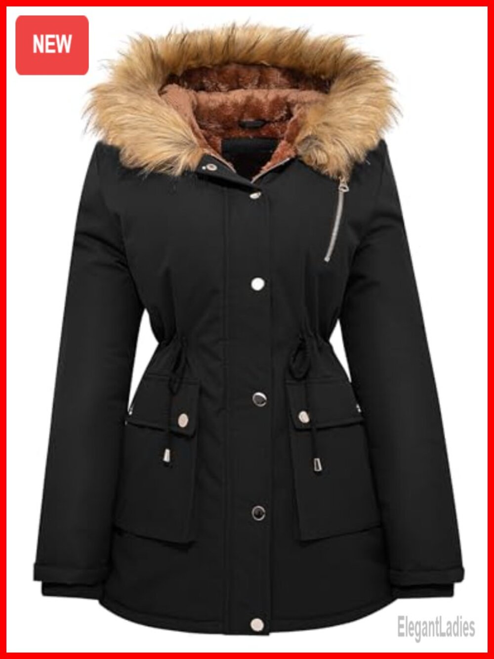 Womens Water Repellent Fleece Lined Puffer Parka Coat with Faux Fur Hood